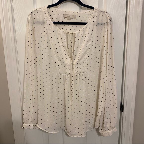 Loft White Long Sleeve Keyhole Tie Neck Blouse Polka Dot Print Size XL - Picture 1 of 7